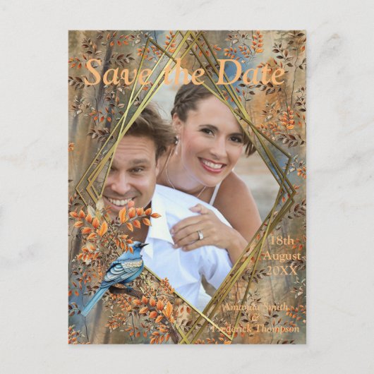 Grote bomen, Herfstbladeren & Blauwvogels. Aankondigingskaart (Voorkant)