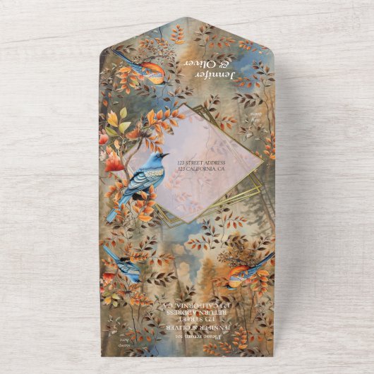 Grote bomen, Herfstbladeren & Blauwvogels. All In One Uitnodiging (Buitenkant)