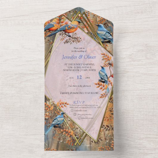 Grote bomen, Herfstbladeren & Blauwvogels. All In One Uitnodiging (Binnen)