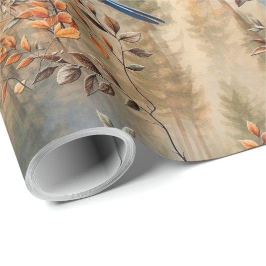 Grote bomen, Herfstbladeren & Blauwvogels. Cadeaupapier (Rol Hoek)