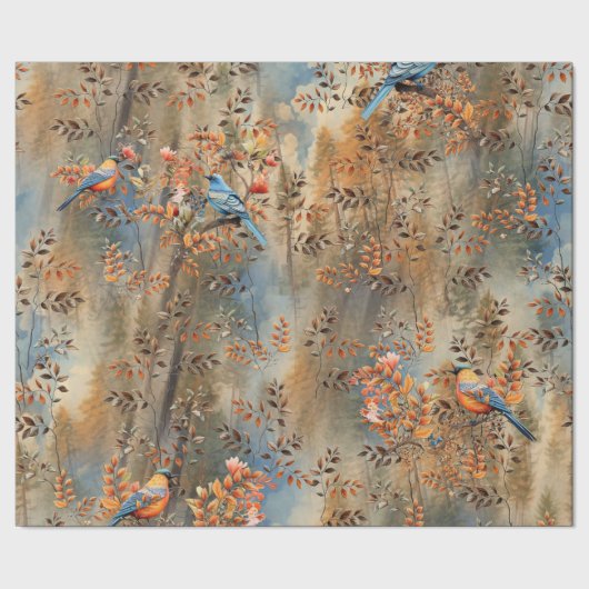 Grote bomen, Herfstbladeren & Blauwvogels. Cadeaupapier (Zoom)