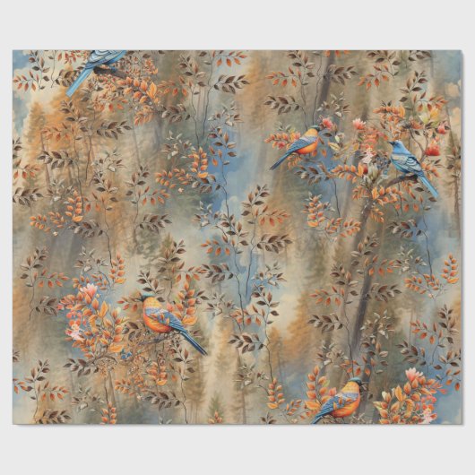 Grote bomen, Herfstbladeren & Blauwvogels. Cadeaupapier (Vlak)