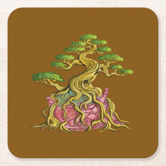 Grote bonsai in zijn gebroken vaas kartonnen onderzetters (Voorkant)