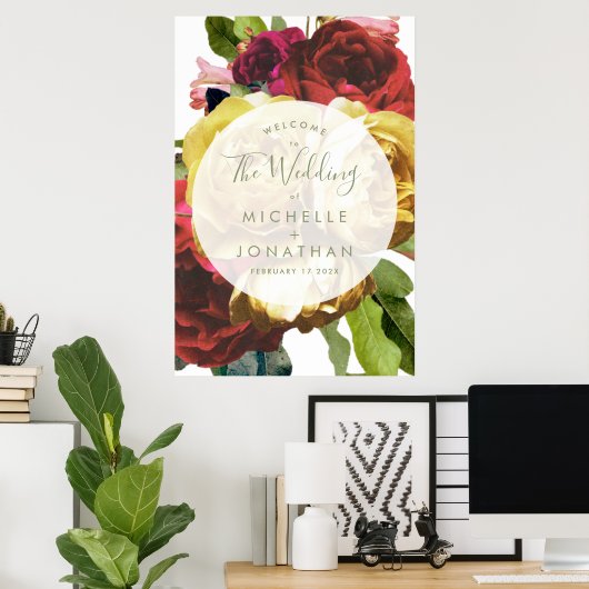 Grote botanische Rozen Welkomstteken bruiloft Poster (Thuiskantoor)