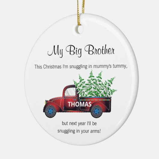 grote broer kerstmis met vrachtwagen grappig keramisch ornament (Links)