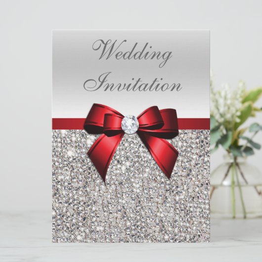 Grote Bruiloft Faux Zilver Sequins Rode Boog Kaart (Staand voorkant)