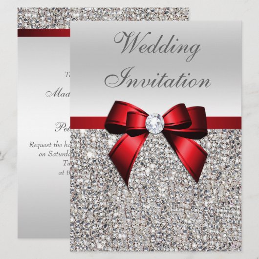 Grote Bruiloft Faux Zilver Sequins Rode Boog Kaart (Voorkant / Achterkant)