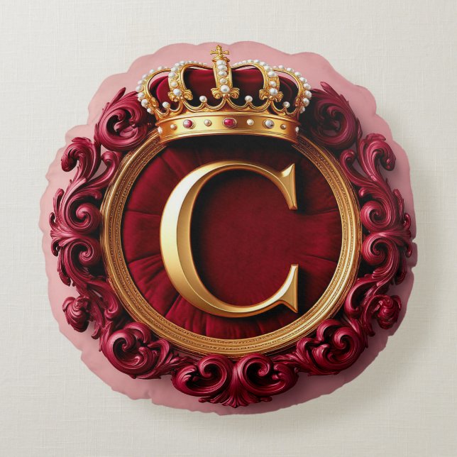 Grote C-monogram op rode fluwelen achtergrond Rond Kussen (Voorkant)