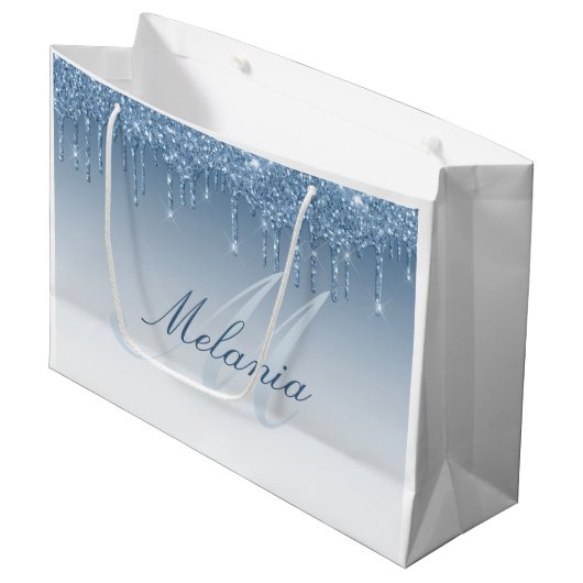 grote cadeautas met blauwe glitters monogram (Voorkant Gekanteld)
