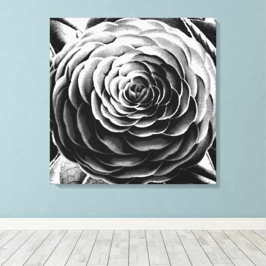 Grote Camellia, zwart, wit en grijs / grijs Canvas Afdruk (Insitu (Houten vloer))