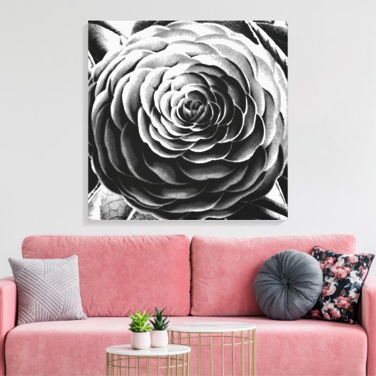 Grote Camellia, zwart, wit en grijs / grijs Canvas Afdruk (Insitu (Woonkamer))