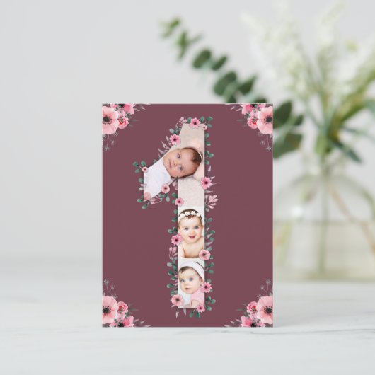 Grote collage met 1e verjaardagsfoto Roze bloemenm Briefkaart (Staand voorkant)