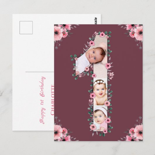 Grote collage met 1e verjaardagsfoto Roze bloemenm Briefkaart (Voorkant / Achterkant)