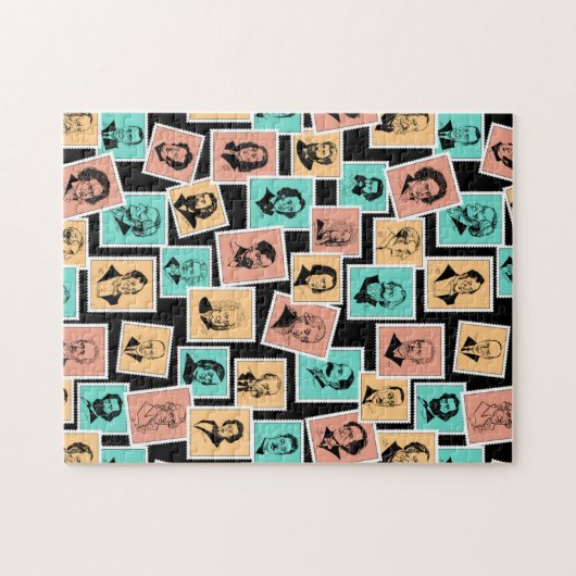 Grote componisten op postzegels, driekleurenpatroo legpuzzel (Horizontaal)