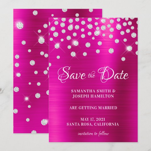 Grote Confetti met diamant, warme roze ombre Folie Save The Date (Voorkant / Achterkant)
