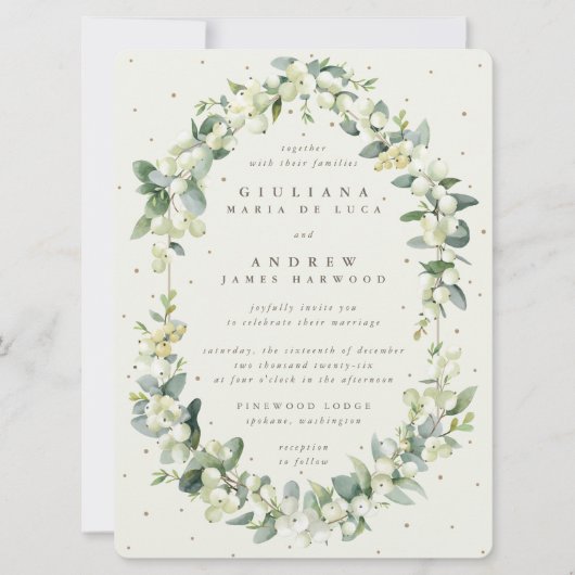 Grote crème sneeuwbes + eucalyptus winter bruiloft kaart (Voorkant)