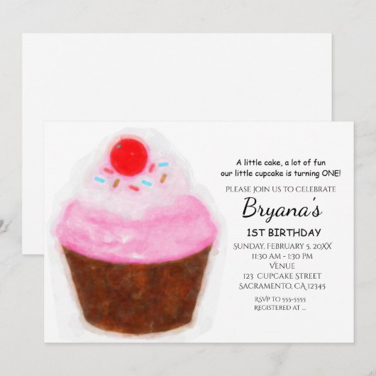 Grote Cupcake & Kers Waterverf Feest Uitnodigingen (Voorkant / Achterkant)