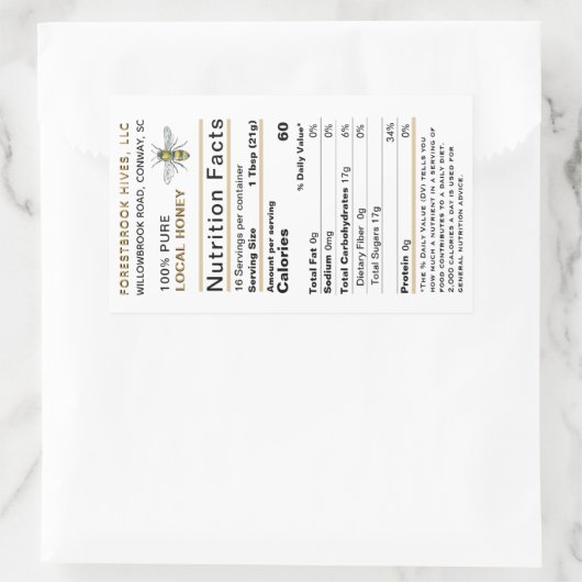 Grote Custom Honey Nutrition Label met Bee Gold (Tas)