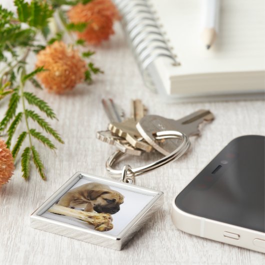 Grote daanpuppy met bot in studio sleutelhanger (Zijkant)