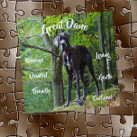 Grote Dane Dog Traits Jigsaw Puzzel spel<br><div class="desc">Legpuzzel met Grote Deen hond met een aantal van de eigenschappen. Ze zijn liefdevol,  toegewijd,  vriendelijk,  zelfverzekerd,  zachtaardig en gereserveerd. Wat een prachtige eigenschappen voor een hond! Een aanrader voor de Grote Deen hondenliefhebbers!</div>