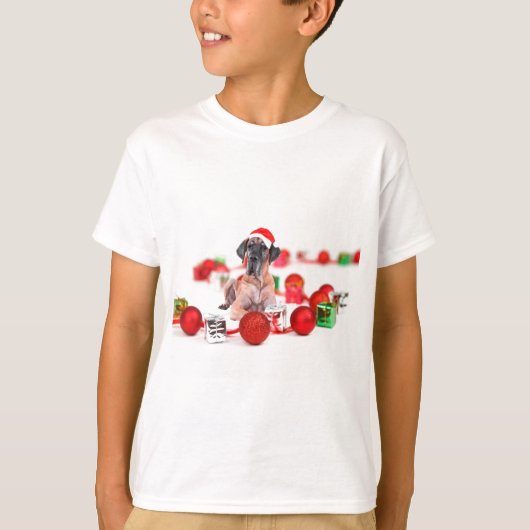 Grote Dane Hond met Kerstmis Ornamenten Cadeaus T-shirt (Voorkant)