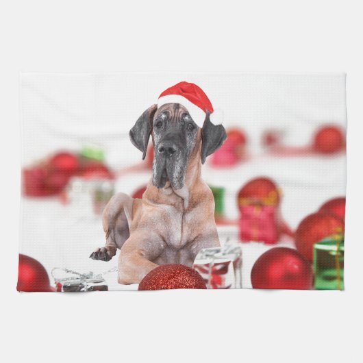 Grote Dane Hond met Kerstmis Ornamenten Cadeaus Theedoek (Horizontaal)