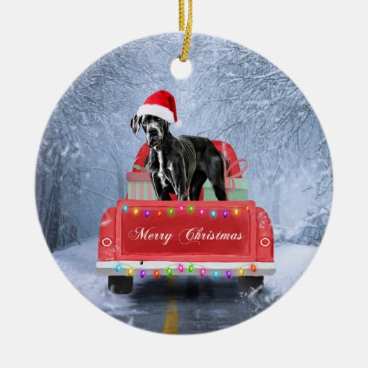 Grote dane hond op sneeuw in kerstmis keramisch ornament (Voorkant)