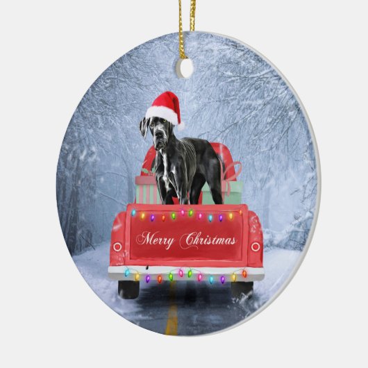 Grote dane hond op sneeuw in kerstmis keramisch ornament (Links)