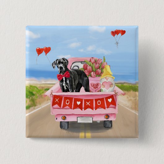 Grote Dane-hond Valentijnsdag-vrachtwagen Vierkante Button 5,1 Cm (Voorkant)