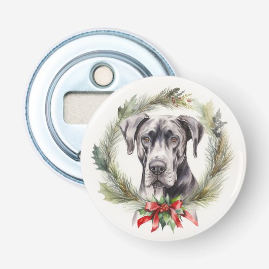 Grote Dane Kerstkrans Feestelijke Pup Button Flesopener (Voorkant)