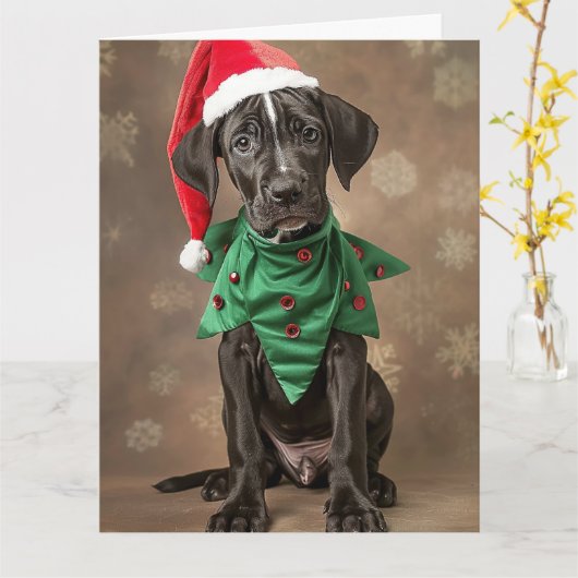 Grote Deen Elf Puppy Kerst Kaart (Gele Bloem)