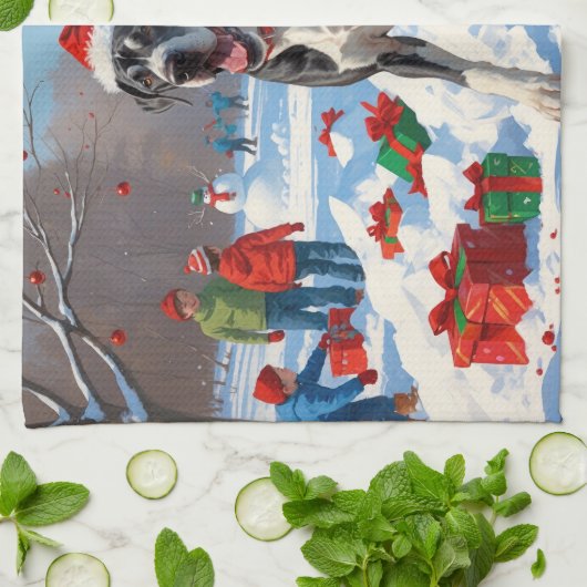 Grote Deen Hardlopen in Sneeuw Met Kerst Pet Theedoek (Gevouwen)