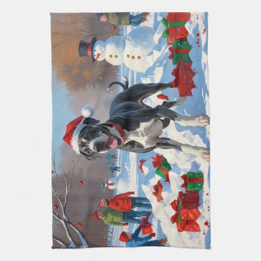 Grote Deen Hardlopen in Sneeuw Met Kerst Pet Theedoek (Verticaal)