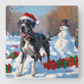 Grote Deen Hardlopen in Sneeuw Met Kerst Pet Vierkante Klok (Voorkant)