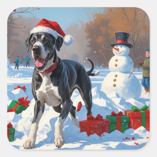 Grote Deen Hardlopen in Sneeuw Met Kerst Pet Vierkante Sticker (Voorkant)