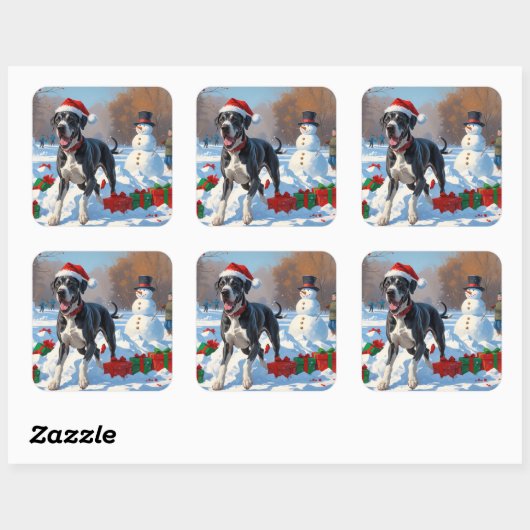 Grote Deen Hardlopen in Sneeuw Met Kerst Pet Vierkante Sticker (Vel)