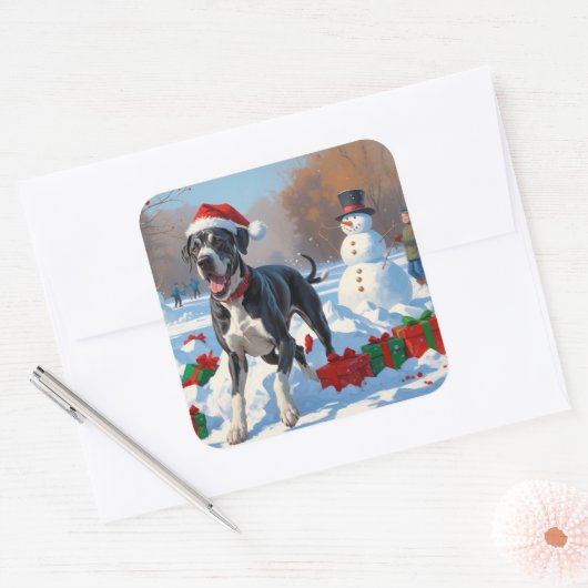 Grote Deen Hardlopen in Sneeuw Met Kerst Pet Vierkante Sticker (Envelop)