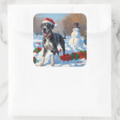 Grote Deen Hardlopen in Sneeuw Met Kerst Pet Vierkante Sticker (Tas)