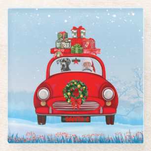 Grote deen-hond in de auto met de kerstman glazen onderzetter