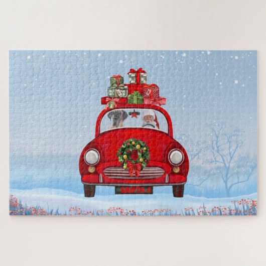 Grote deen-hond in de auto met de kerstman legpuzzel (Horizontaal)