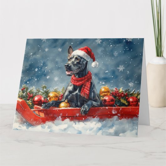 Grote Deen Hond In Sledge Laat Het Sneeuw Kerstmis Kaart (Voorkant)