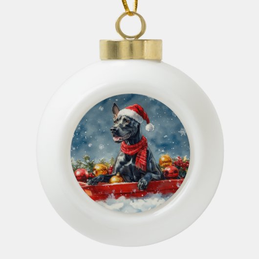 Grote Deen Hond In Sledge Laat Het Sneeuw Kerstmis Keramische Bal Ornament (Voorkant)