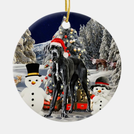 Grote Deen Hond In Sneeuw Kerstmis Pet Lichten Keramisch Ornament (Voorkant)