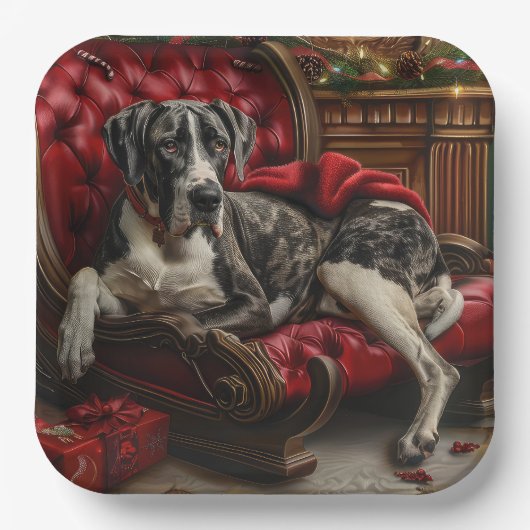 Grote Deen Hond Kerstfeest Papieren Bordje (Voorkant)