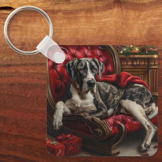 Grote Deen Hond Kerstfeest Sleutelhanger (Voorkant)