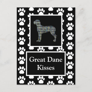 Grote Deen Hond Kisses Silhouet Yellow&Blue Grid Briefkaart