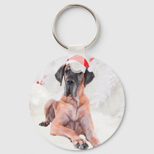Grote Deen Hond Pet Vrolijk Kerstfeest Sleutelhanger (Voorkant)