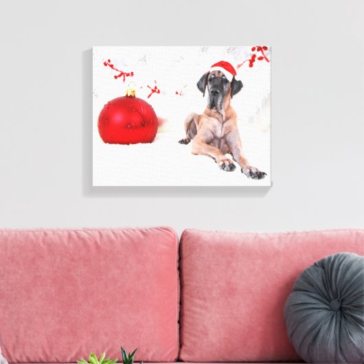 Grote Deen Hond Pet Vrolijk Kerstmis Rood Ornament Canvas Afdruk (Insitu (Woonkamer))