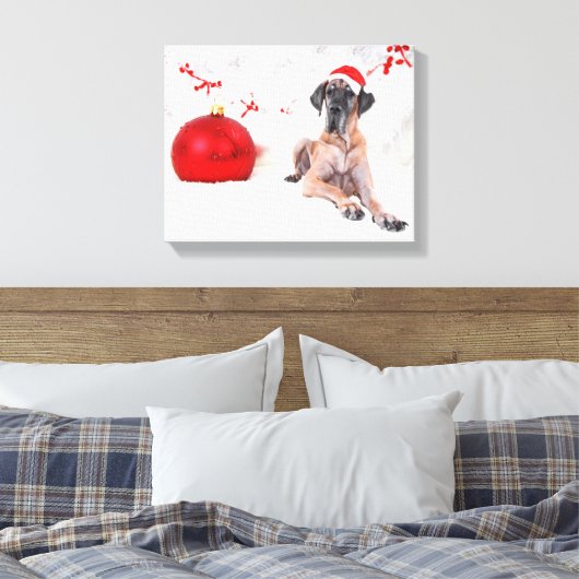Grote Deen Hond Pet Vrolijk Kerstmis Rood Ornament Canvas Afdruk (Insitu (Slaapkamer))