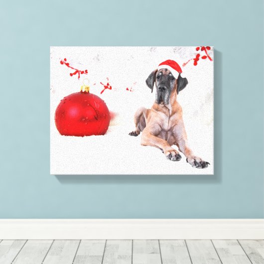 Grote Deen Hond Pet Vrolijk Kerstmis Rood Ornament Canvas Afdruk (Insitu (Houten vloer))